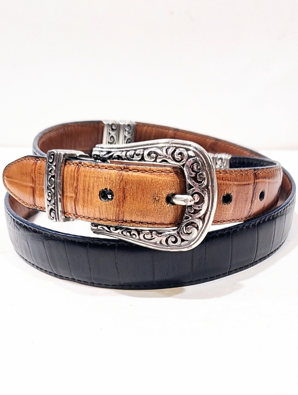 Women's Reversible Belt Black Tan Leather Alligator Croc Embossed size XL 36